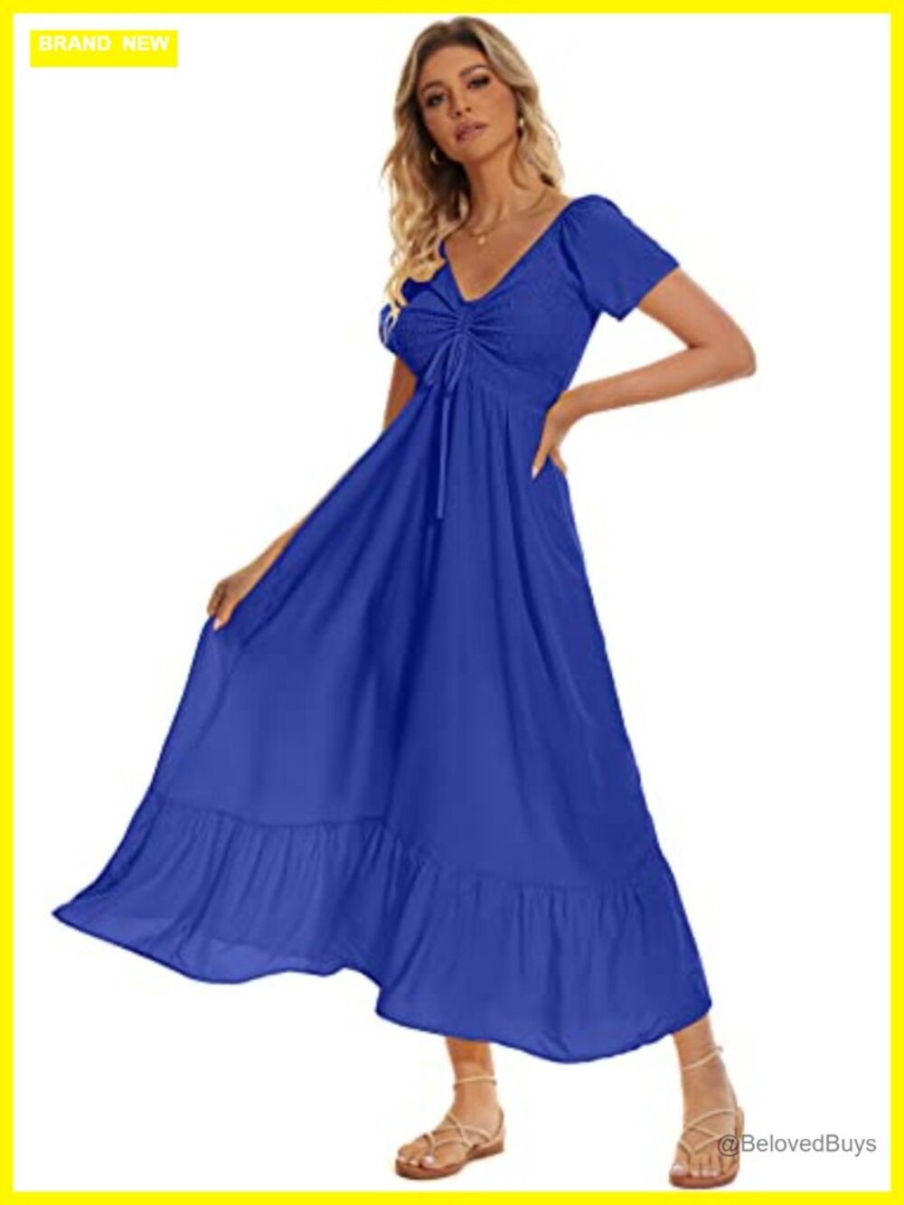 Women Floral Print Smocked Maxi Dress Rayon Short Sleeve A Line Beach Party